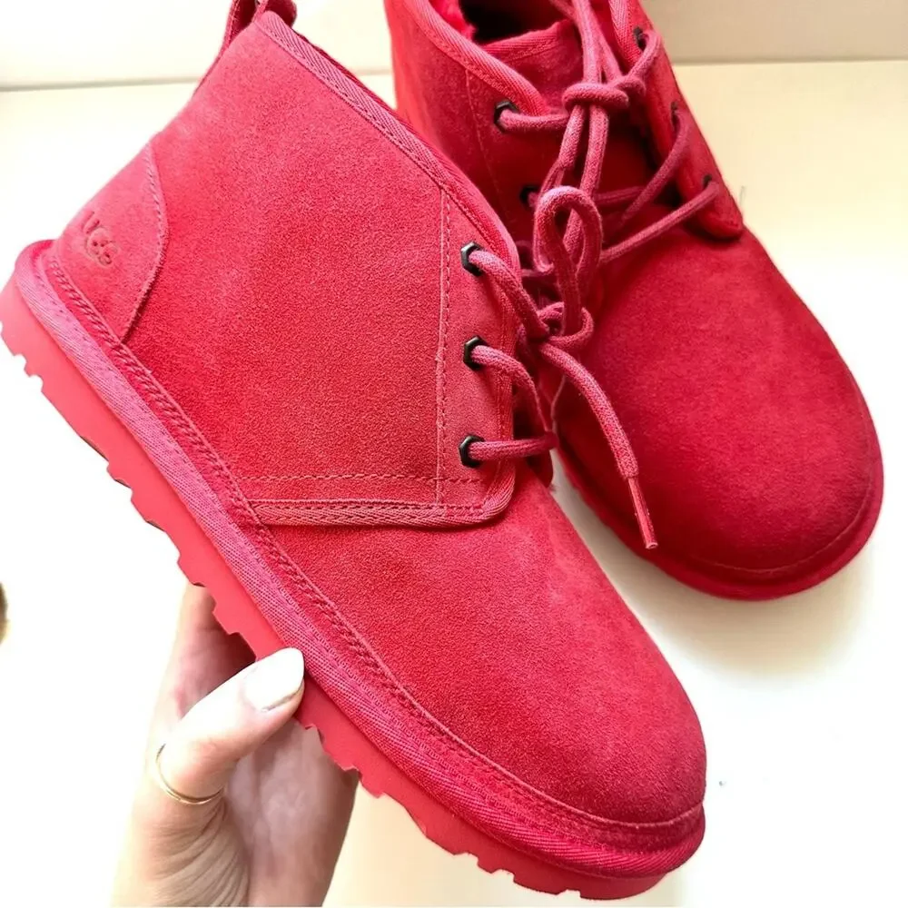 NEW UGG Suede Fur Lined Neumal Boot Lace Up Chukka Ankle Booties Samba Red 9